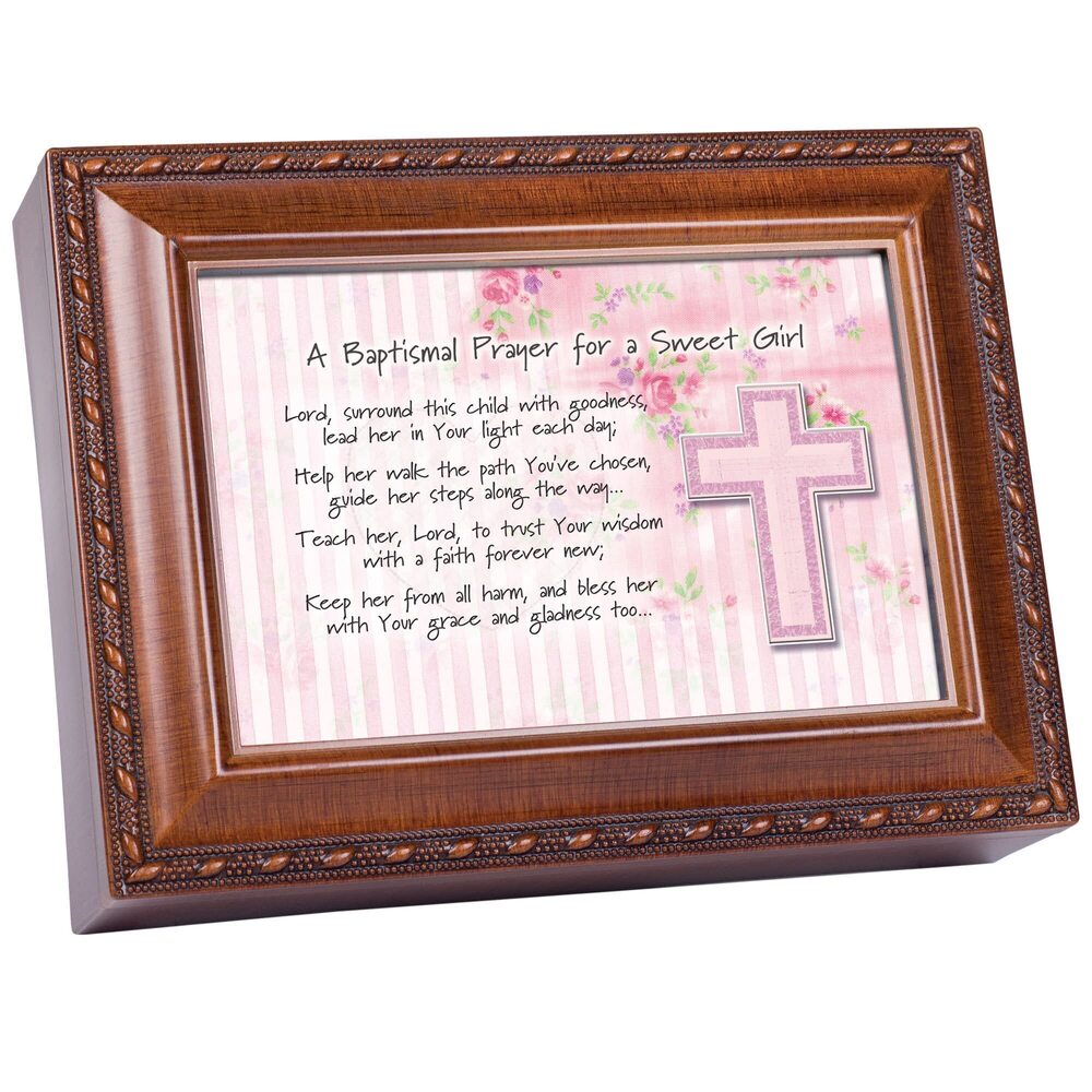 9053 Baptismal Prayer Lead Her Woodgrain Rope Trim Jewelry Music Box Plays